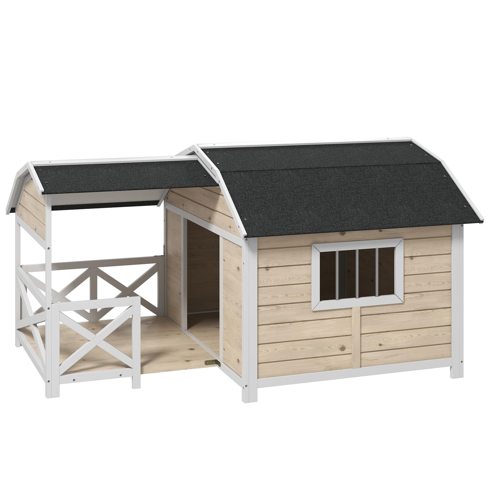 PawHut Wooden Dog House Outdoor with Porch, Raised Pet Kennel for Medium Large Dogs, with Asphalt Roof, Front Door, Side Windows, Gray - WoodArtSupply