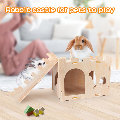 BWOGUE Extra Large Wooden Rabbit Castle Bunny House and Hideouts Detachable Small Animal Play Hideaway Hut for Indoor Adult Rabbit Guinea Pig - WoodArtSupply