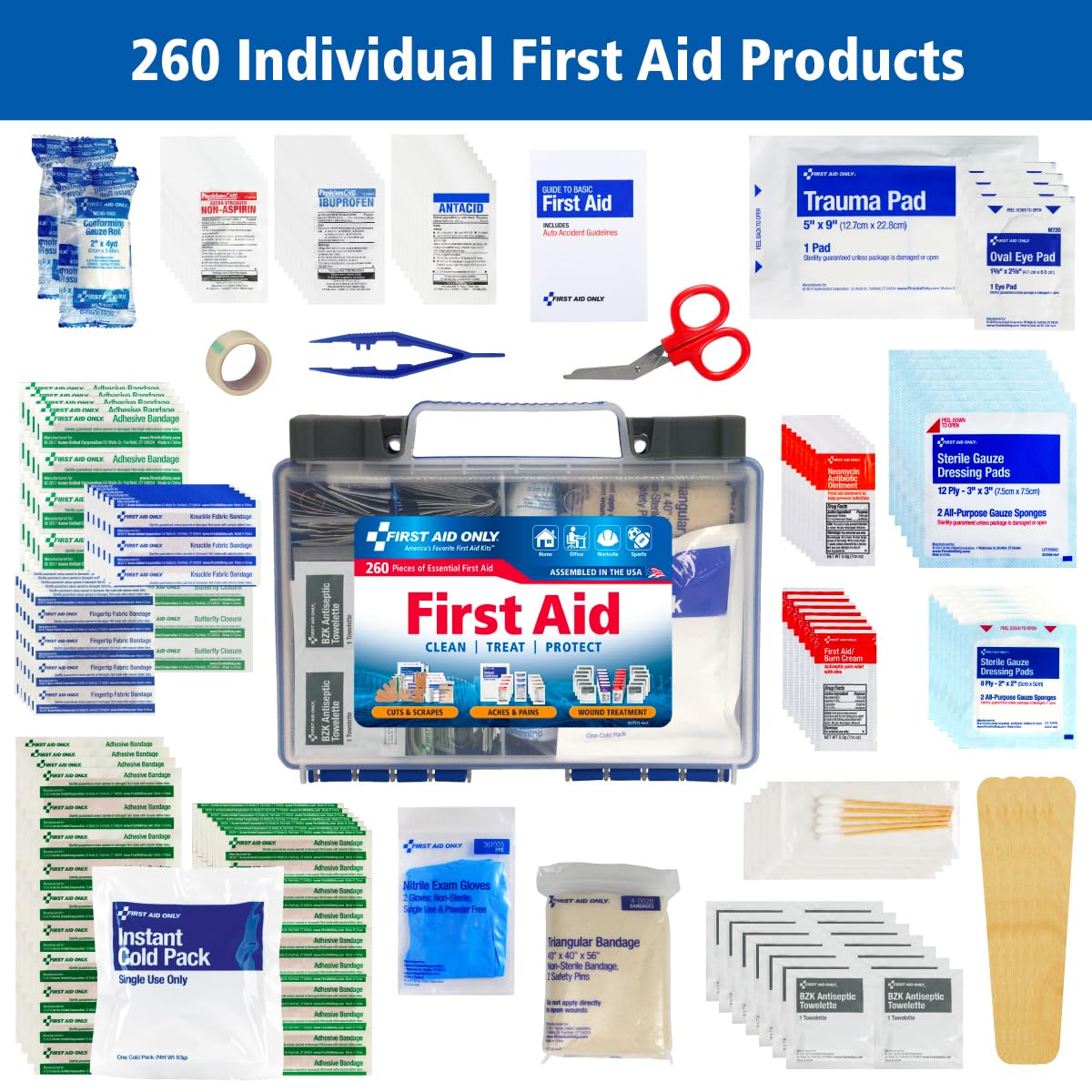 First Aid Only 91248 OSHA-Compliant All-Purpose 50-Person Emergency First Aid Kit for Home, Work, and Travel, 260 Pieces First Aid Only