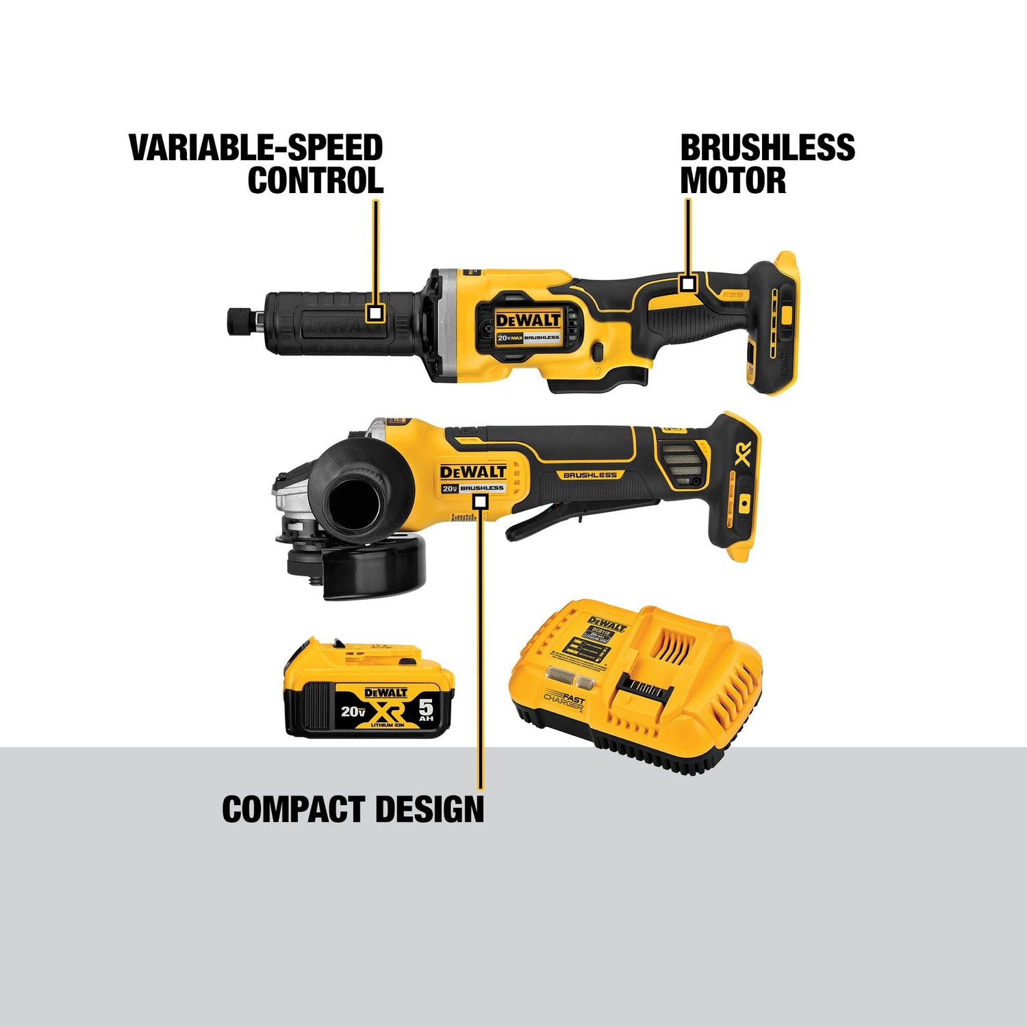 DEWALT 20V MAX Angle Grinder and Die Grinder, Cordless 2-Tool Set with Battery and Charger (DCK203P1), Yellow,white DEWALT