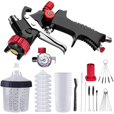 Aflybltol Hvlp Spray Gun with Paint Mixing Quick Cup, Automotive Paint Spray Gun Kit Contain Pressure Gauge,1.3mm Nozzle,10 Disposable 600ML Cups for