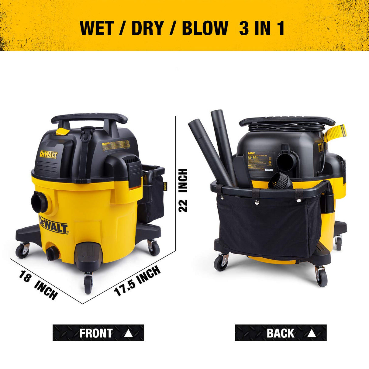 DEWALT 9 Gallon DXV09PZ New Version Poly Wet/Dry Vac, Heavy Duty Shop Vacuum for Jobsite/Workshop, Yellow DEWALT