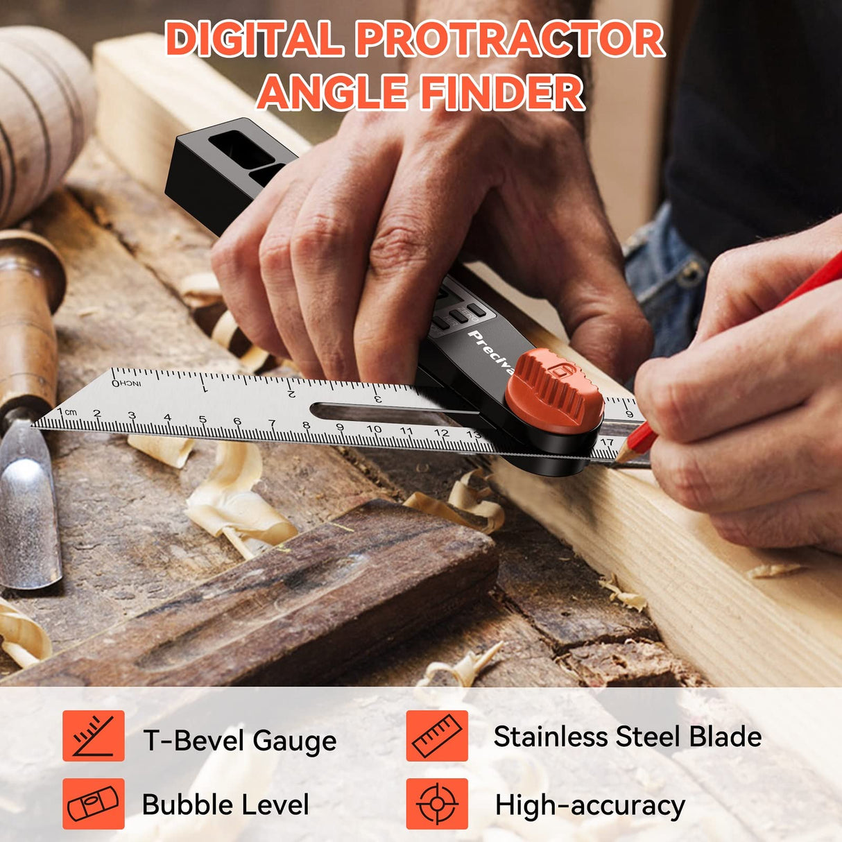 Preciva T-Bevel Gauge & Protractor with Horizontal and Vertical Bubble,0-338° Digital Angle Finder Protractor 230mm/8inch Display for Carpentry Preciva