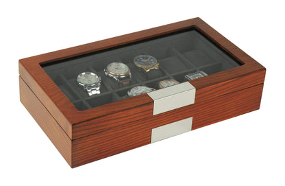 TIMELYBUYS Personalized 12 Cherry Wood Watch Box Display Case Storage Jewelry Organizer with Glass Top, Stainless Steel Accents, and Oversized Deluxe - WoodArtSupply