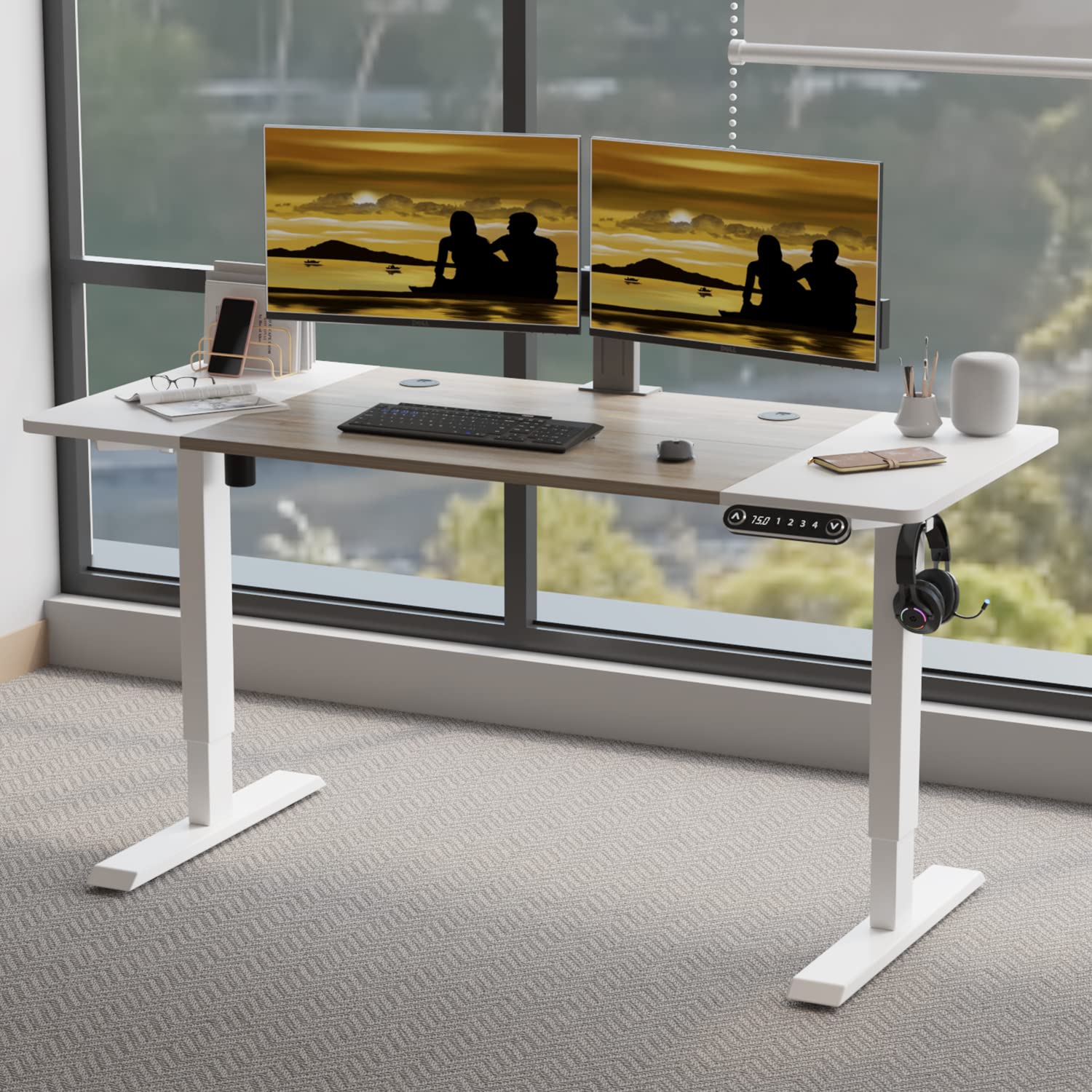 Jceet Adjustable Height Electric Standing Desk - 55 x 24 Inch Sit Stand Computer Desk, Stand Up Desk Table for Home Office, White Frame/White + Oak - WoodArtSupply