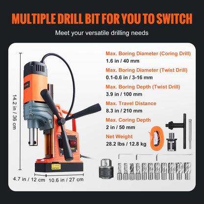 VEVOR Mag Drill Press, 1.6" Boring Diameter, 2922lbf Power Magnetic Drill with Twist Drill Chuck, 11Pcs Drill Bits, Magnetic Drill Press for Metal - WoodArtSupply