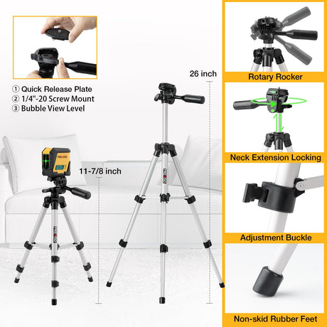 PREXISO Laser Level with Tripod, 65Ft Self Leveling Cross Line Laser Level, Green Line leveler Tool for Hanging Pictures, Floor Tile, Home Renovation Prexiso