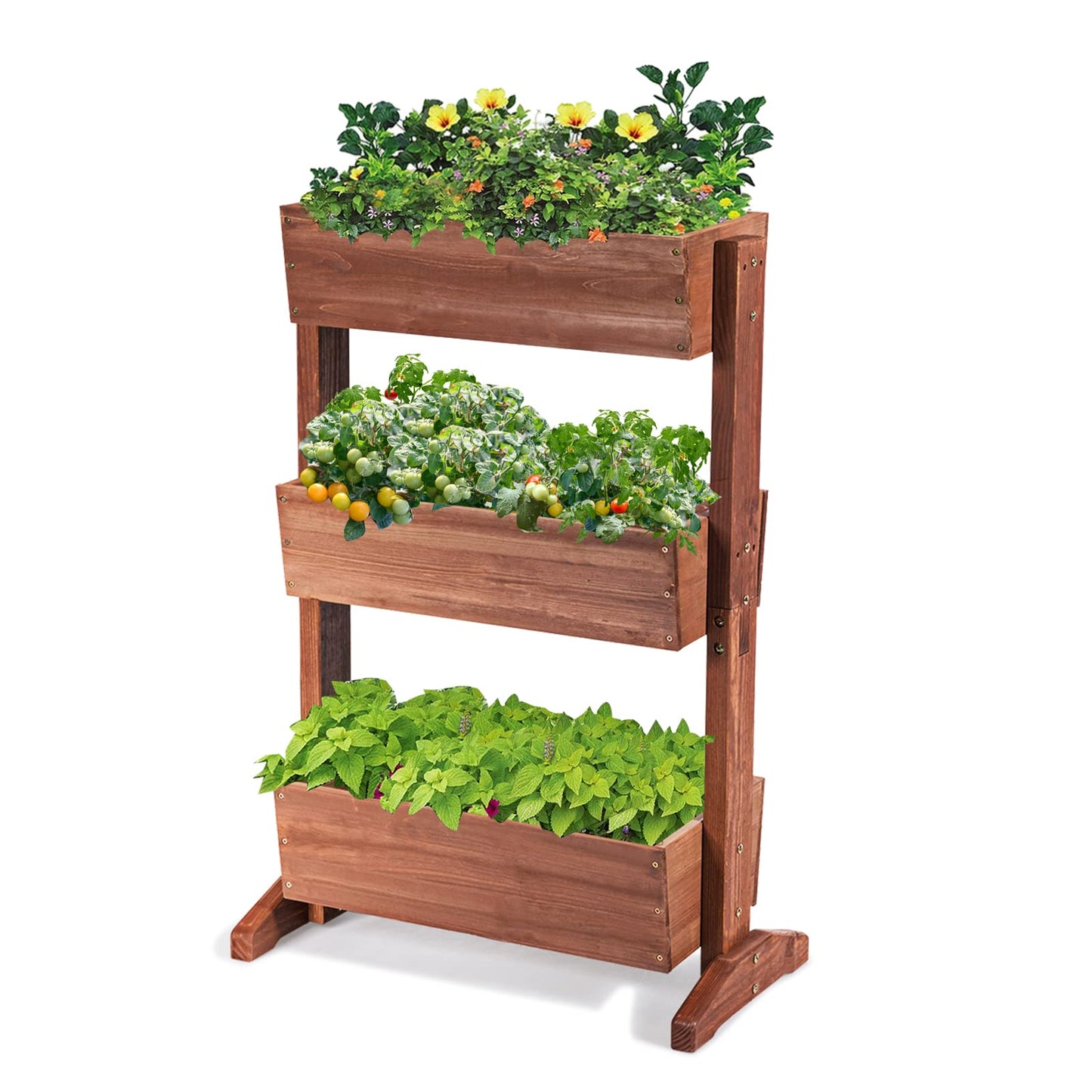 S AFSTAR Wooden Vertical Raised Garden Bed, 3 Tiers Tiltable Elevated Garden Planter w/3 Drainage Container Boxes & Tiltable Planter, Standing