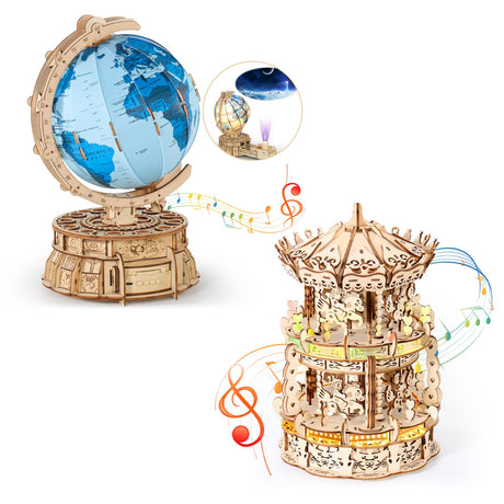 MIEBELY 3D Wooden Puzzles for Adults Bundle Set - Illuminous Music Box Globe & LED Carousel Music Box, Unique Gift Hobby for Boys Girls Family MIEBELY