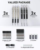 Nicpro 6PCS Art Mechanical Pencils Set, 3 PCS Metal Drafting Pencil 0.5 mm & 0.7 mm & 0.9 mm & 3 PCS 2mm Graphite Lead Holder (2B HB 2H) For Writing, Nicpro