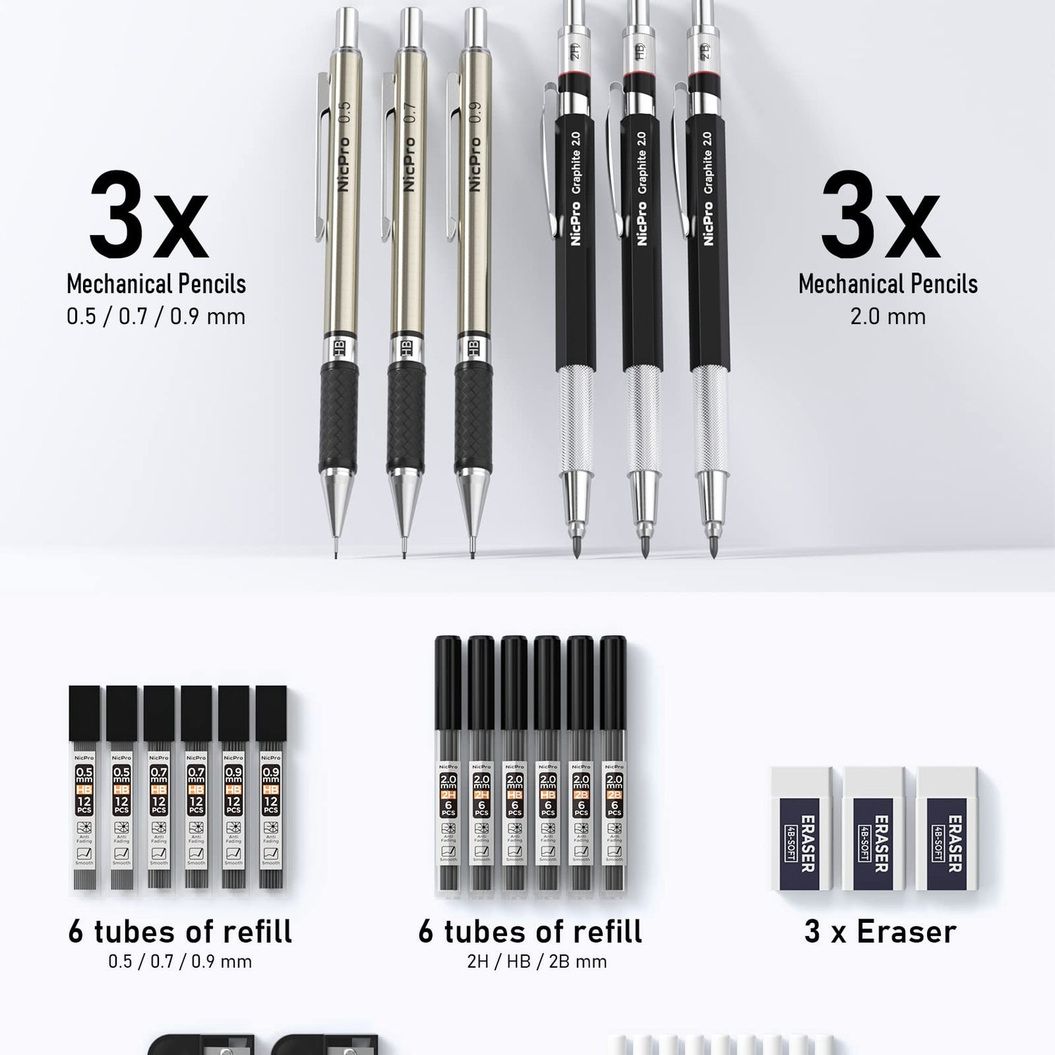 Nicpro 6PCS Art Mechanical Pencils Set, 3 PCS Metal Drafting Pencil 0.5 mm & 0.7 mm & 0.9 mm & 3 PCS 2mm Graphite Lead Holder (2B HB 2H) For Writing, Nicpro