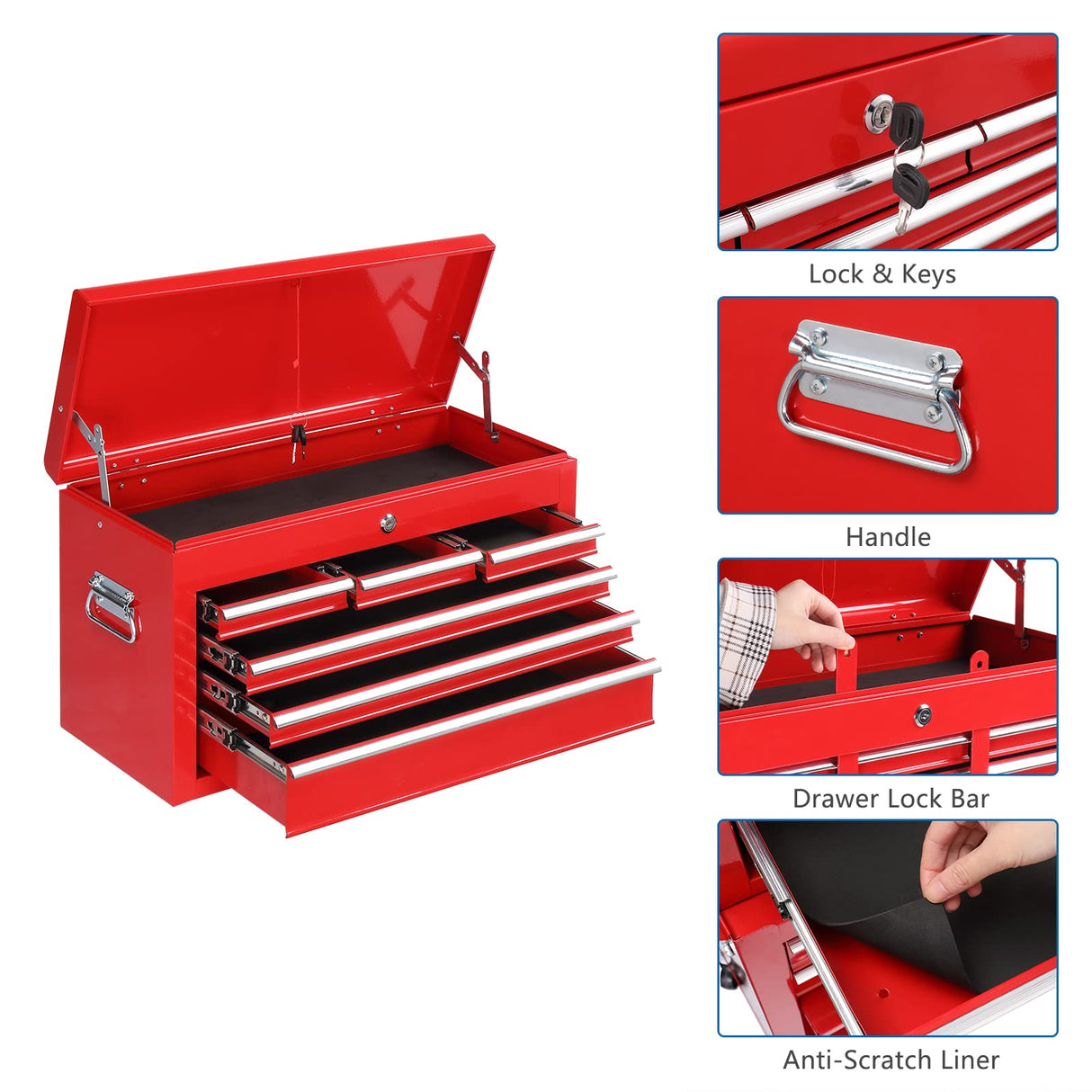 TUFFIOM 8-Drawer Rolling Tool Chest w/Lock & Key, Tool Storage Cabinet w/Wheels, Detachable Top, Drawers & Side Hooks, Mechanic Tool Organizer Box TUFFIOM