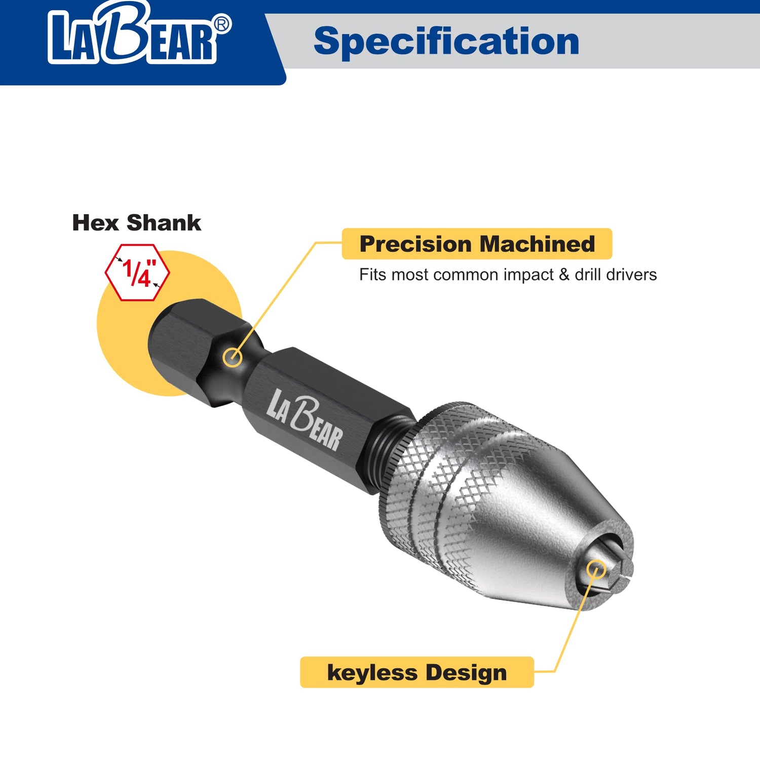 LABEAR - Drill Chuck Keyless Mini Adapter ¼ Inch Hex Shank | 0.3-3.2mm Capacity for Micro Drill Bits For Cordless Screwdrivers, Drills, and Power DIY LABEAR