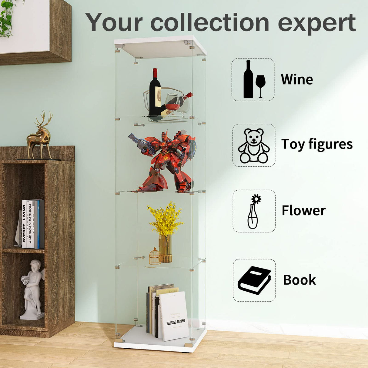 LFT HUIMEI2Y 4-Shelf Tempered Glass Display Cabinet with Lock - Quick Install Design LFT HUIMEI2Y