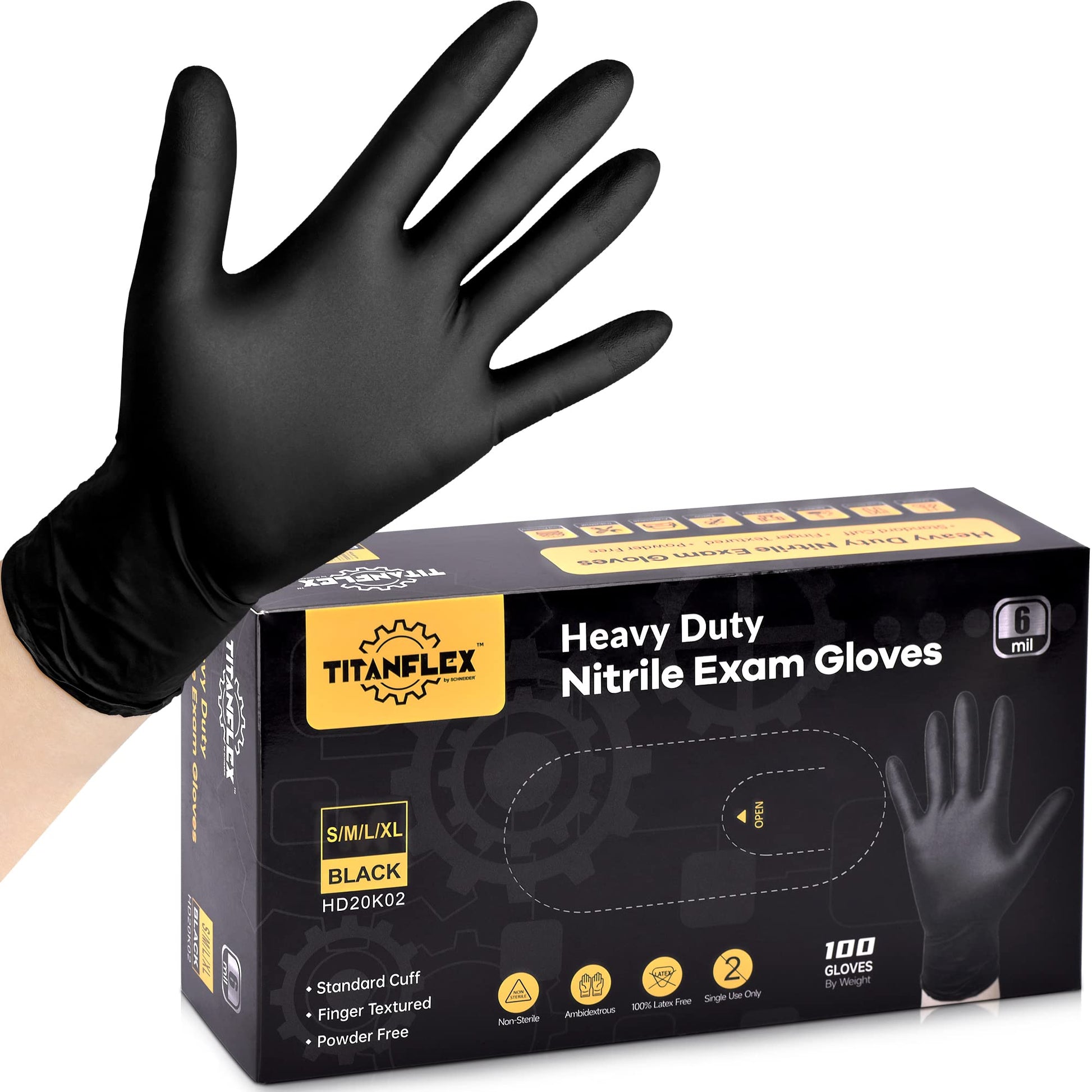 TitanFlex Disposable Nitrile Exam Gloves, 6-mil, Black, XL 100-ct Box, Heavy Duty Disposable Gloves, Cooking Gloves, Mechanic Gloves, Latex Free - WoodArtSupply