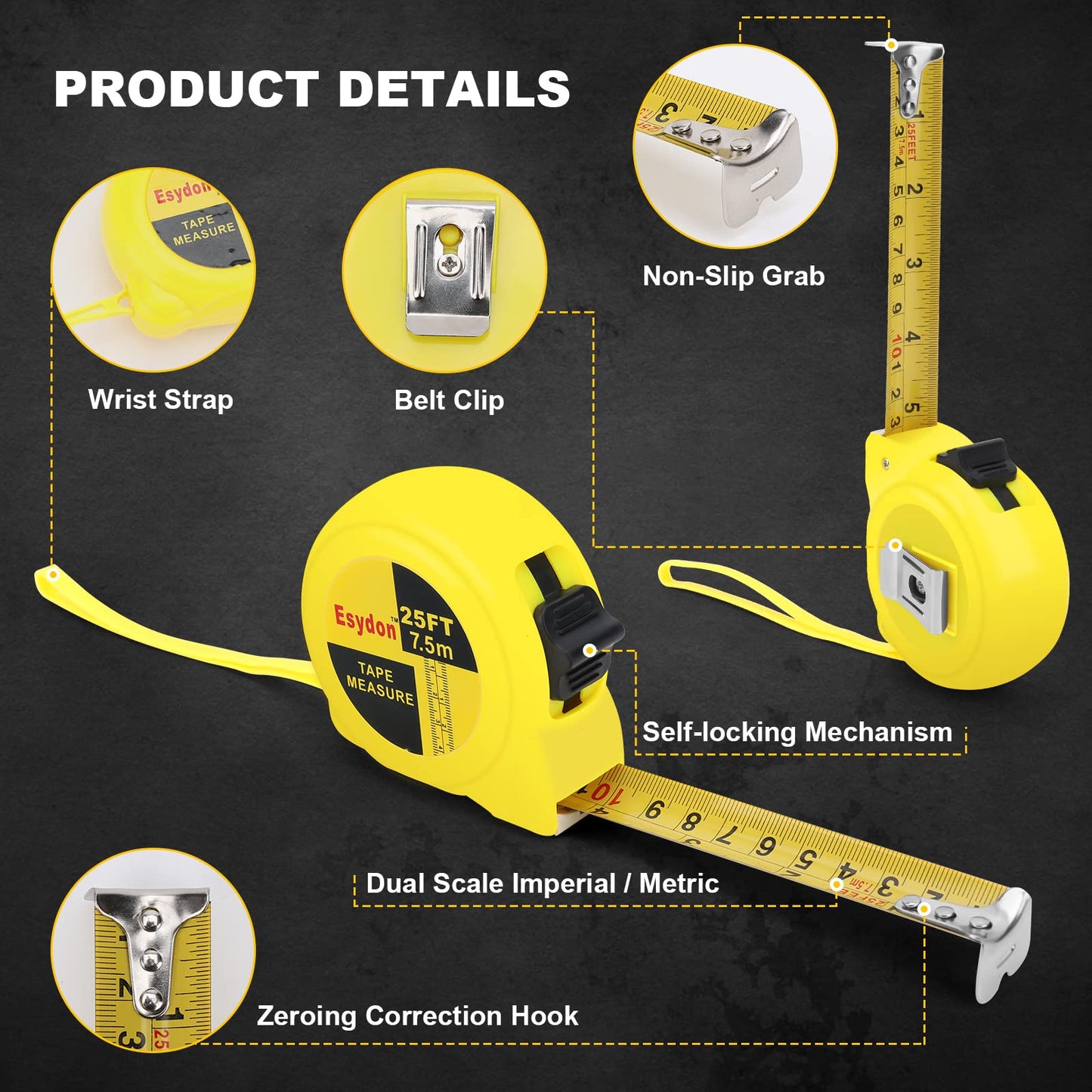 2 Packs Tape Measure 25 ft /16 ft, Esydon Measuring Tape Retractable, Self-Locking Tape Measurer, Easy Read Imperial/Metric Scale Measurement Tape