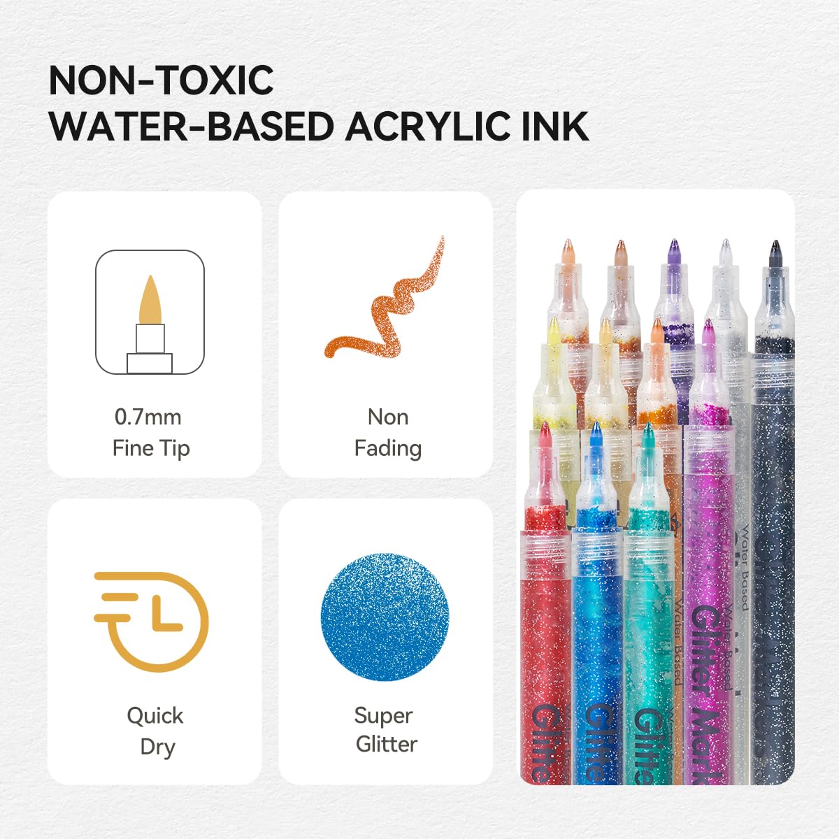 LIGHTWISH Glitter Markers 12 Colors,Sparkling Metallic Glitter Pens Water-Based Acrylic Paint Pens for Crafts Art Drawing Mug Glass Ceramic Wood LIGHTWISH