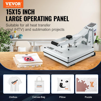 VEVOR Heat Press, 15x15 Heat Press Machine, Fast Heating, High Pressure Heat Press Machine for T-Shirt, Power Digital Industrial Sublimation Printer