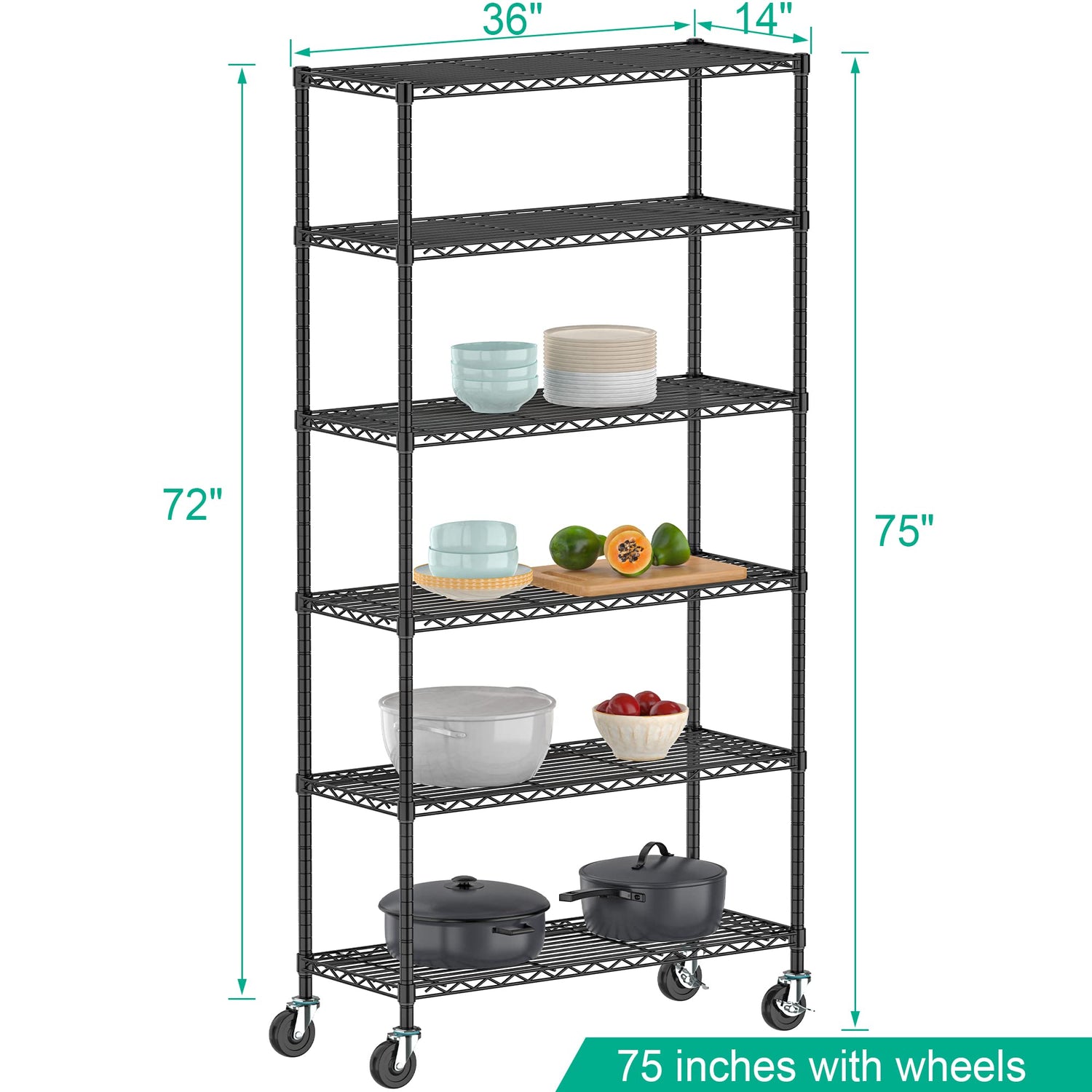 Folews 6-Tier Wire Shelving Unit with Wheels, Metal Storage Shelves Adjustable Layer Storage Rack Organizer Steel Utility Shelf for Home Kitchen Folews