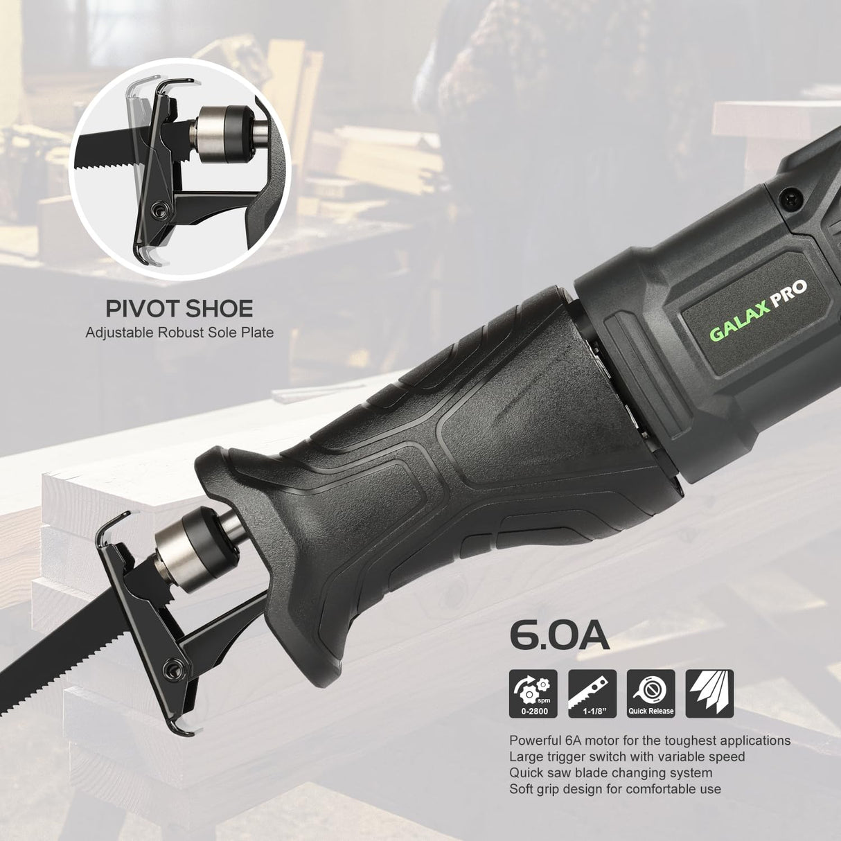 GALAX PRO 120V Reciprocating Saw, 6.0 Amp Variable Speed Corded Reciprocating Saw with1-1/8" Stroke Length, 2800RPM and 6" Max for Wood, Metal, PVC GALAX PRO