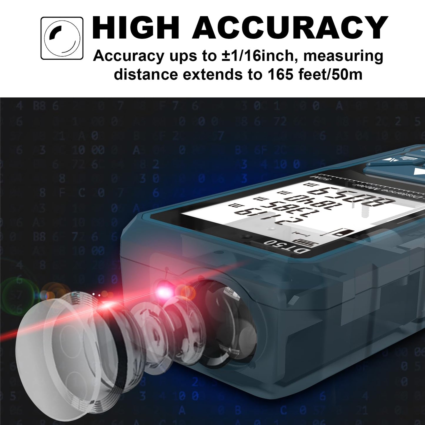 Laser Measure 165ft DT50 Laser Distance Meter 50M, Portable Handle Digital Measure Tool Range Finder, Larger Backlit LCD 4 Line Display IP54