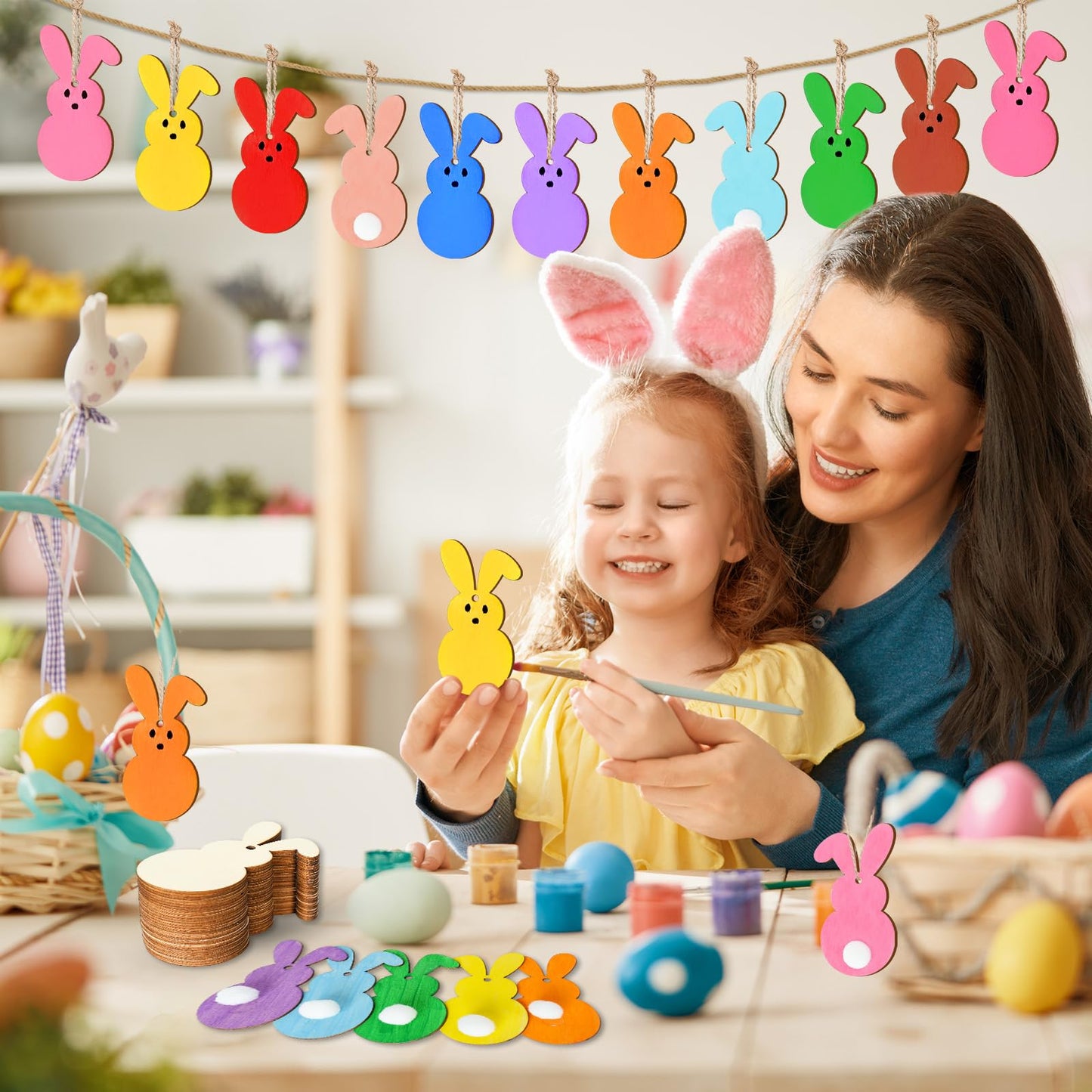 Whaline 30Pcs Easter DIY Crafts Sets Unfinished Wood Bunny Cutouts with Ropes Felt Balls Paints Brushes Palette Glue Points Spring Rabbit Wood