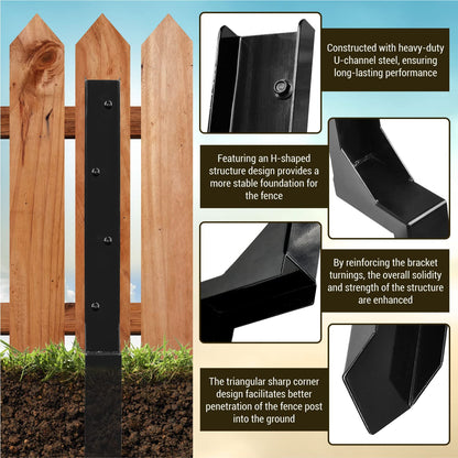 WIMART Fence Post Repair Kit, Heavy Duty Steel Fence Post Anchor Ground Spike for Repair Tilted, Broken Wood Fence Post (Black - Set 1)