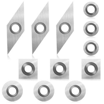 12 Pieces Tungsten Carbide Cutters Inserts Set for Wood Lathe Turning Tools Include 11 mm Square with Radius, 12 mm and 8.9 mm Round, 30 x 10 mm