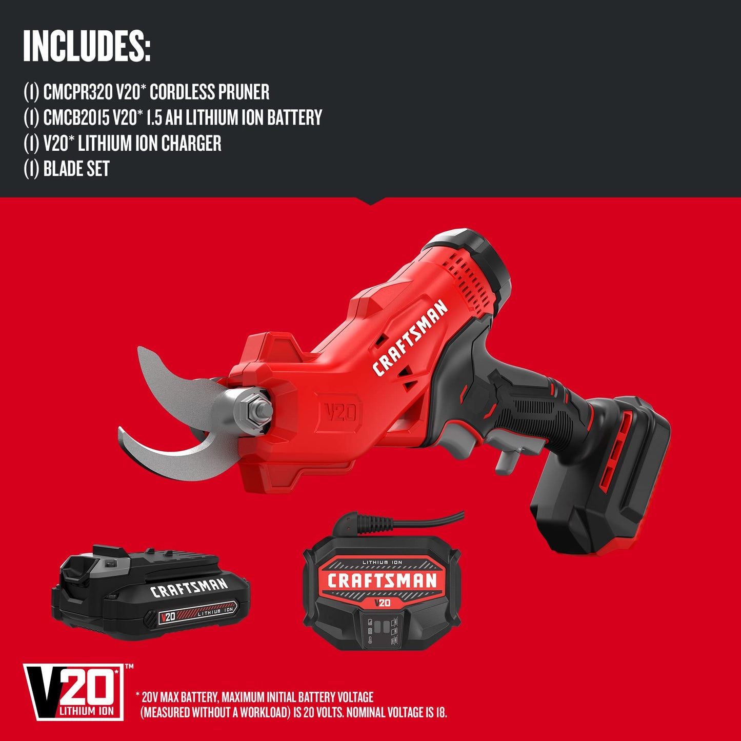 CRAFTSMAN 20V MAX Cordless Electric Pruner, Battery & Charger Included (CMCPR320C1)