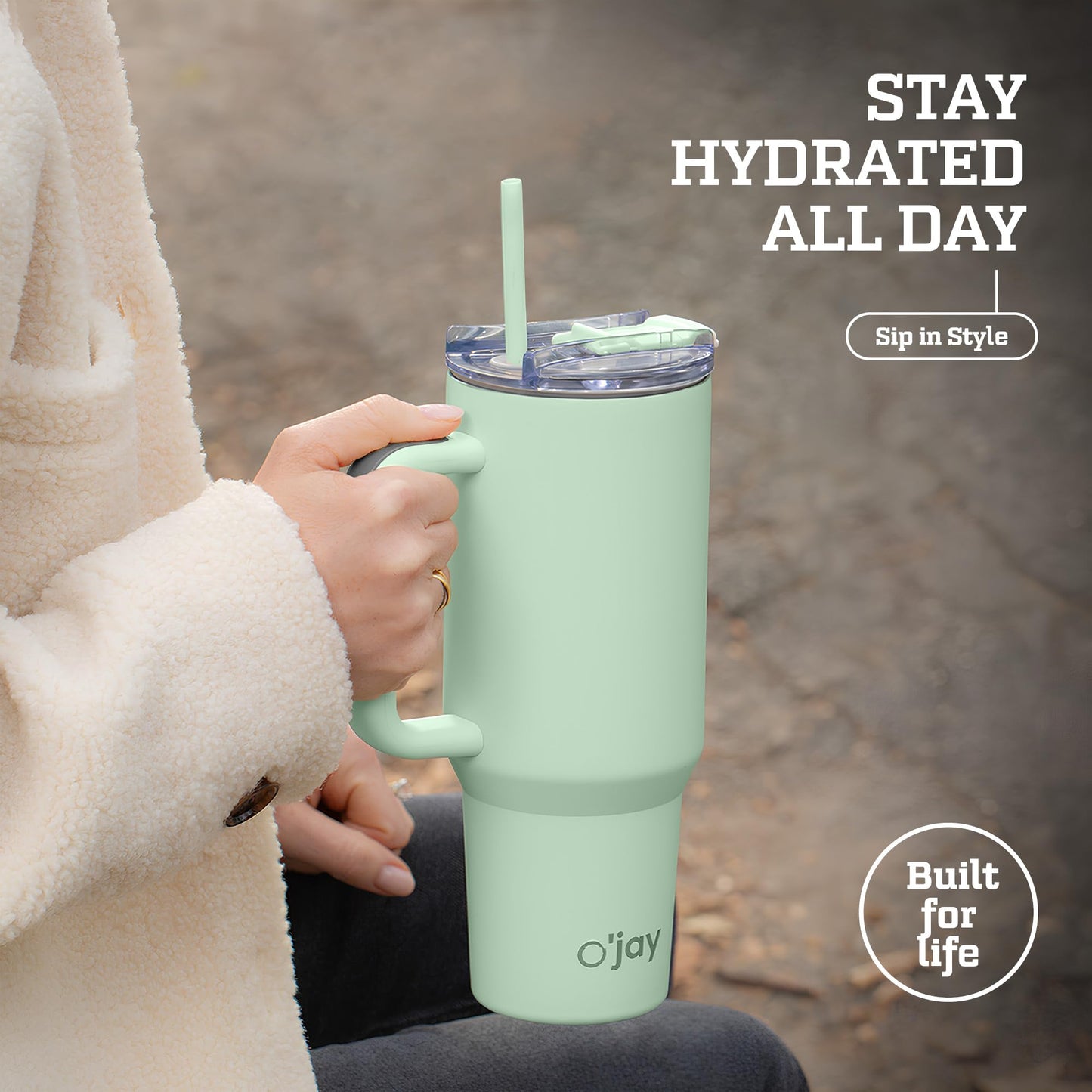 O'JAY Insulated 40oz Tumbler with Handle and Straw Lid - 100% Leak-Proof - Cupholder Friendly Travel Mug - Stainless Steel Insulated Tumbler with lid