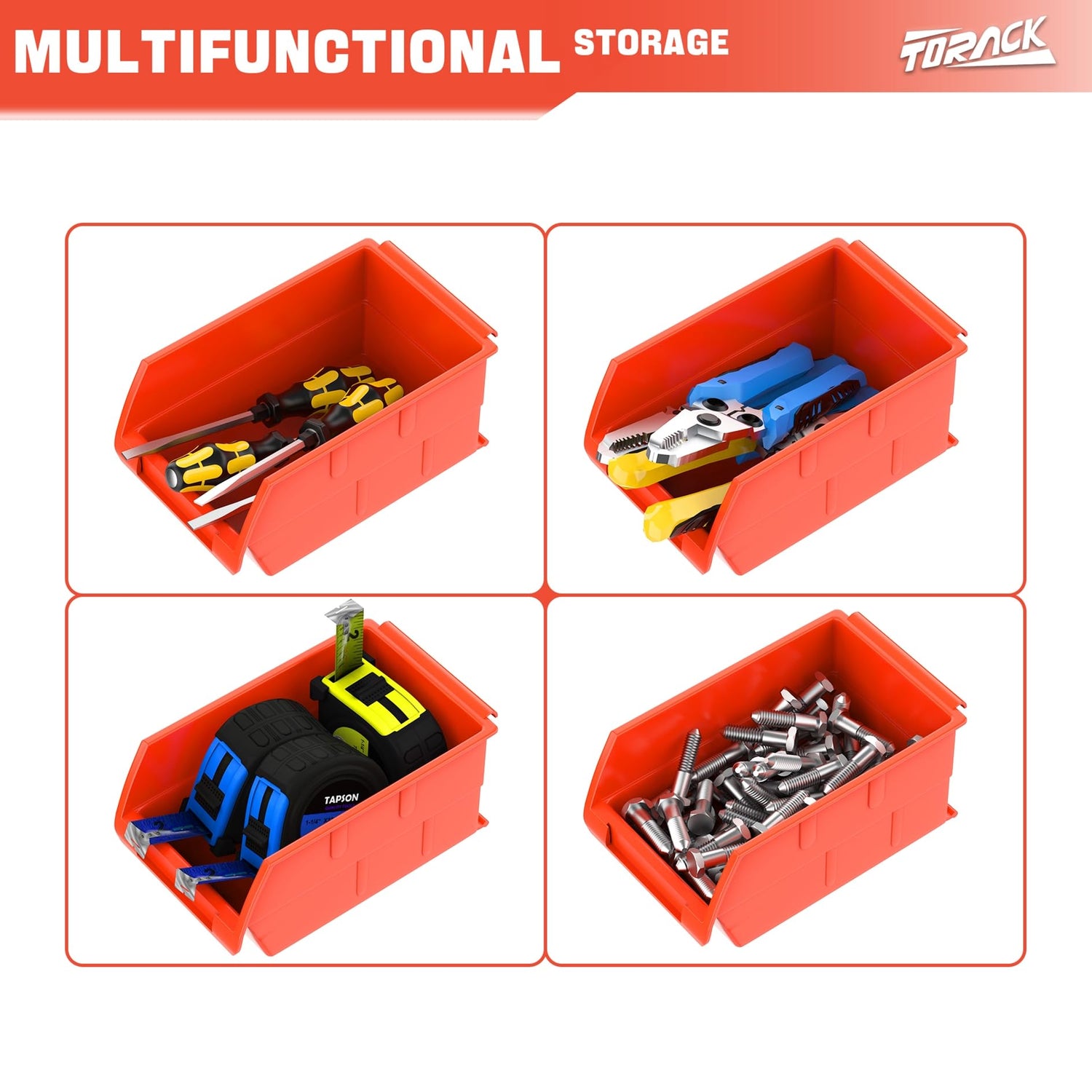 TORACK Wall-Mounted Storage Bins - 8 Plastic Bins & 2 Metal Tracks for Tools Organization in Garage, Craft Room, and Shop TORACK