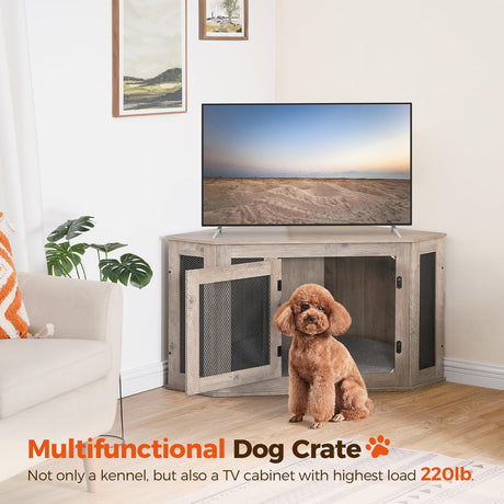 MAHANCRIS Corner Dog Crate Furniture, Wooden Dog Kennel End Table, Decorative Pet Crate Indoor Use, Furniture Style Dog House for Small Medium Dog, MAHANCRIS