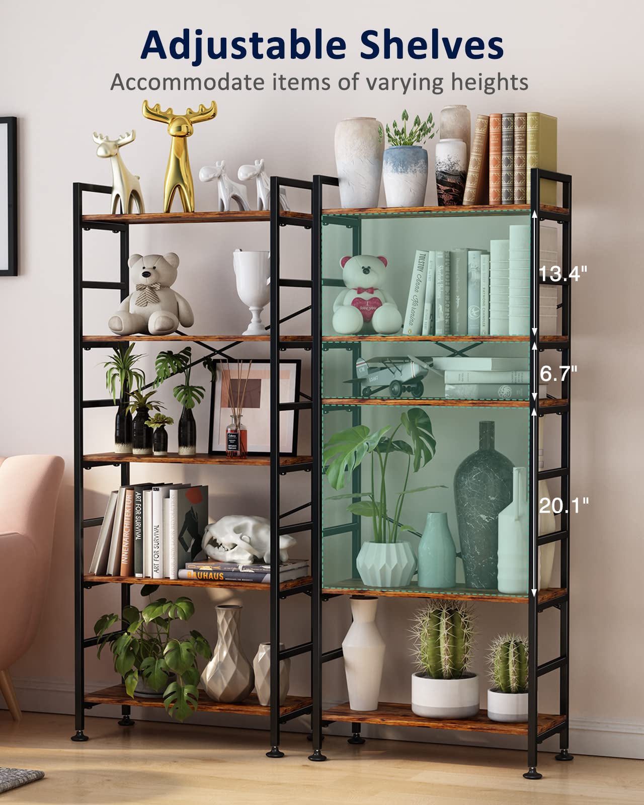 CosyStar Rustic Industrial 5-Tier Adjustable Bookcase with Metal Frame - WoodArtSupply