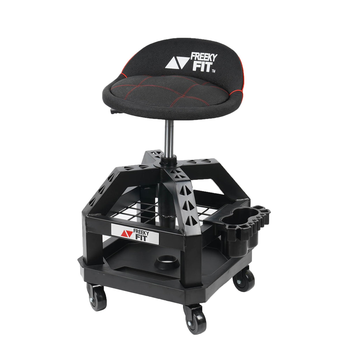 FreekyFit Rolling Shop Stool for Garage with Casters, DO02-Adjustable Height 360° Swivel Shop Seat with Tool Tray Storage, 330 LBS Capacity Padded FreekyFit