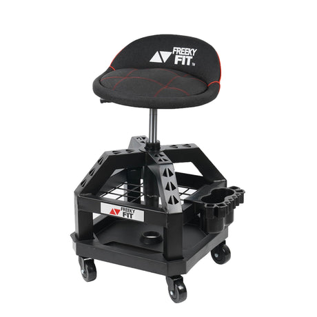 FreekyFit Rolling Shop Stool for Garage with Casters, DO02-Adjustable Height 360° Swivel Shop Seat with Tool Tray Storage, 330 LBS Capacity Padded FreekyFit