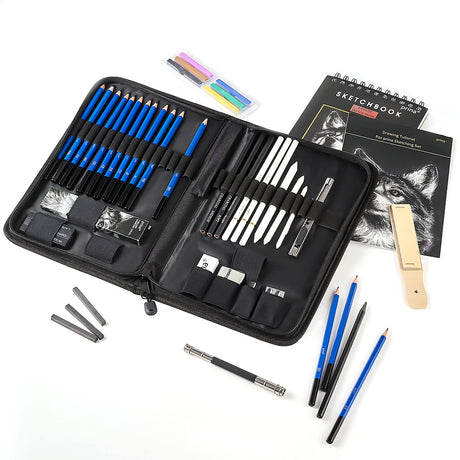 Prina 50 Pack Drawing Set Sketch Kit, Pro Art Sketching Supplies with 3-Color Sketchbook, Graphite, and Charcoal Pencils for Artists Adults Teens PRINA