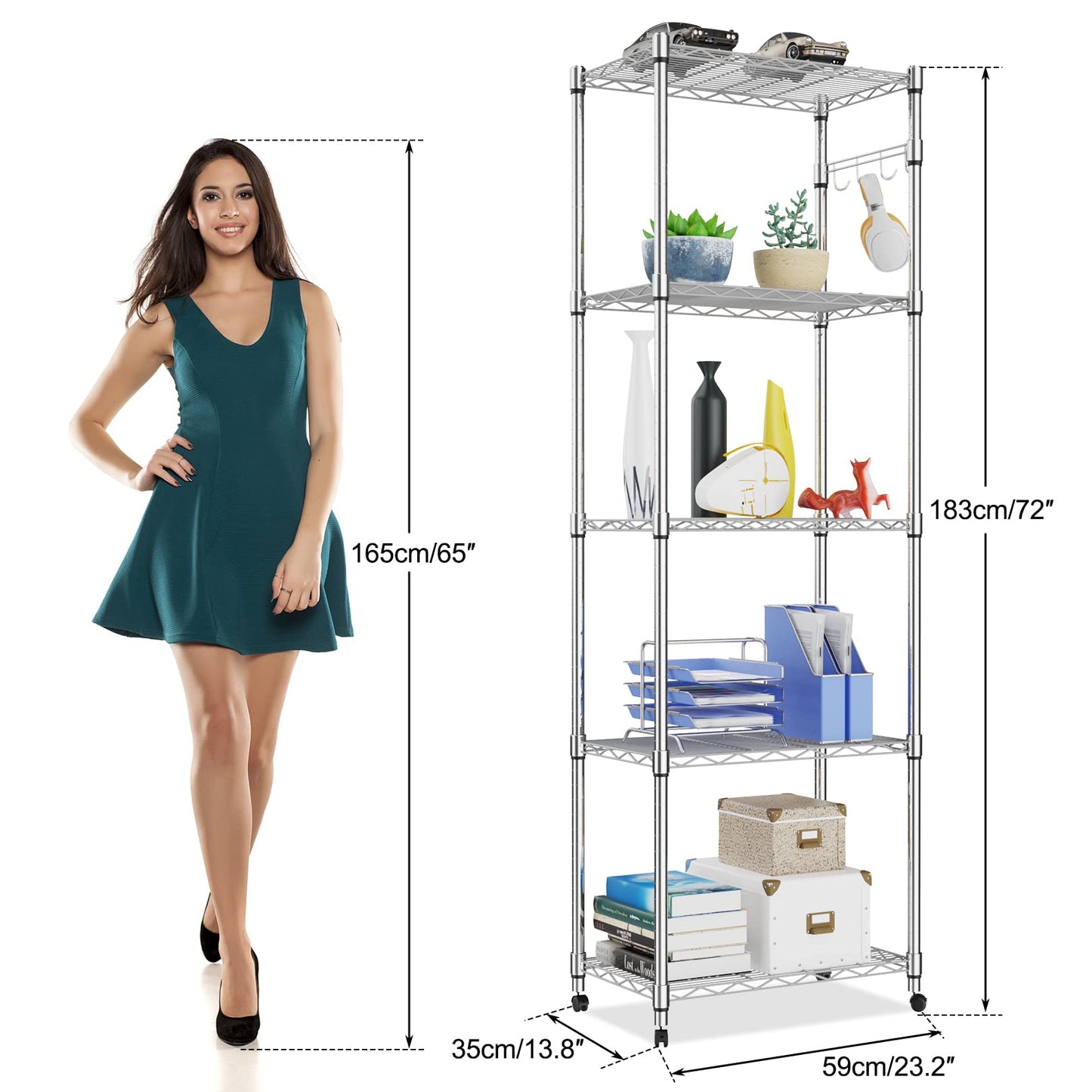 Homdox 5 Tier Steel Wire Shelving Unit on Wheels,Chrome Shelves for Garage Kitchen Living Room,Heavy Duty Shelving Rack, 23.2 x 13.8 x 72 inch (L x W - WoodArtSupply