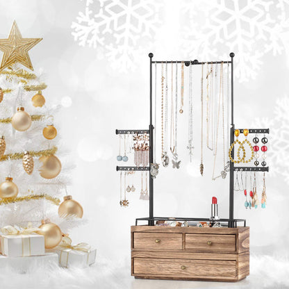 Jewelry Organizer - 2 Layer Wooden Jewelry Drawer Storage Box with 6 Tier Jewelry Tree Stand, Jewelry Display for Necklaces Bracelet Earring Ring - WoodArtSupply