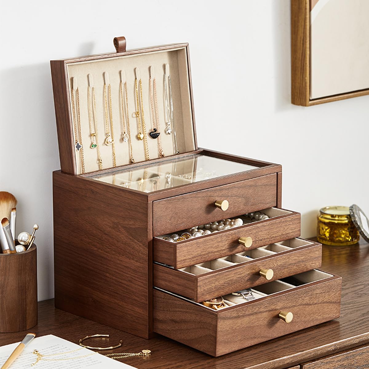 CHOSIN Black Walnut Wooden Jewelry Box for Women Classical Solid Wooden 4-Layer with Glass Lid and Pull-out Necklace Storage Layer Watch Necklace CHOSIN
