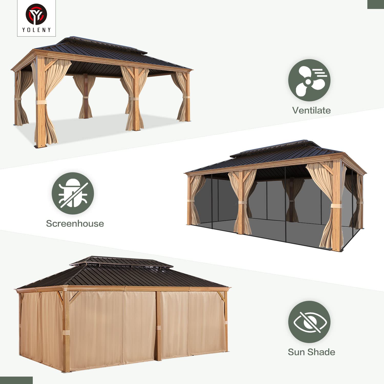 YOLENY 12' x 20' Gazebo, Hardtop Gazebo Wood-Looking Gazebo with Galvanized Steel Double Roof, Aluminum Frame, Outdoor Patio Hardtop Gazebo with YOLENY