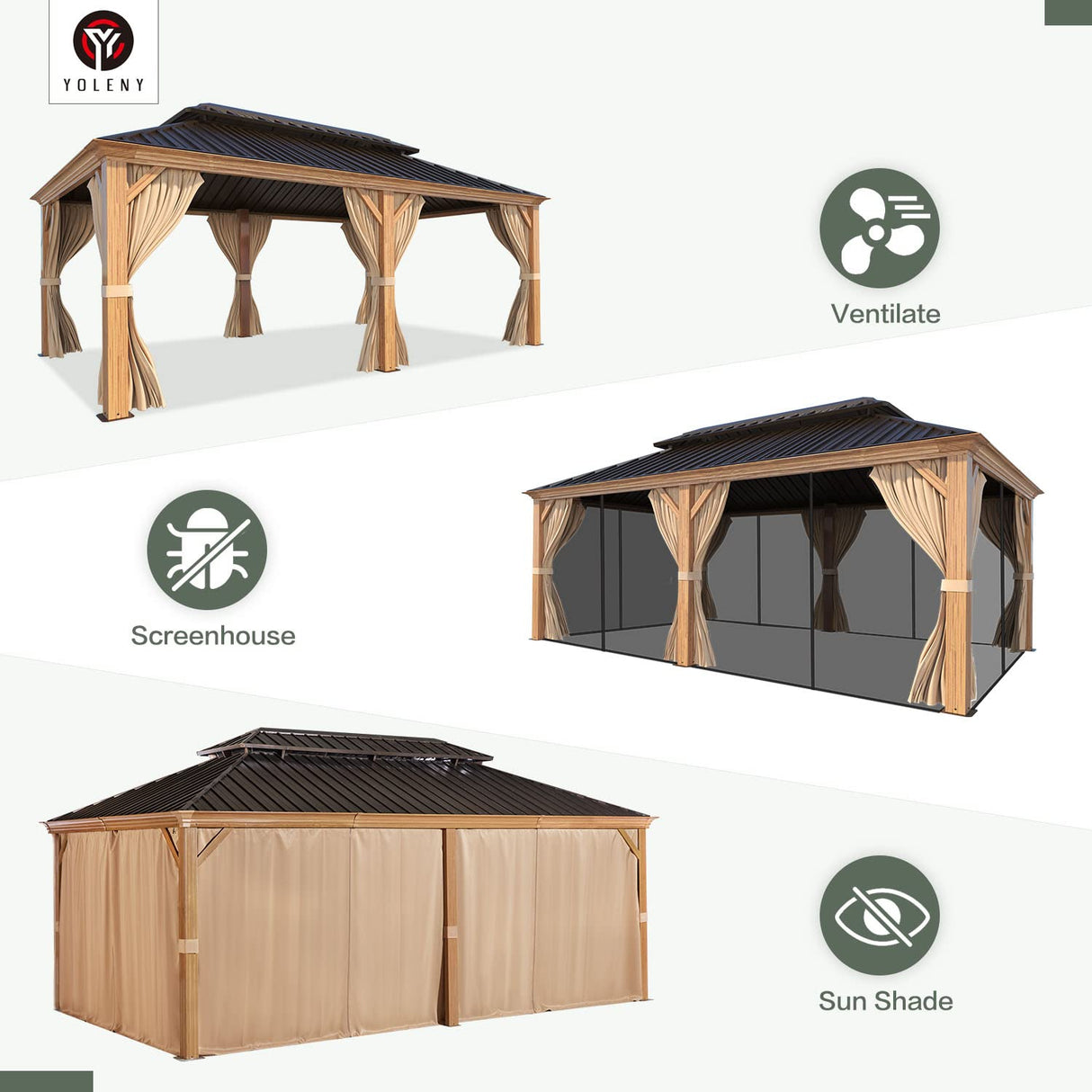 YOLENY 12' x 20' Gazebo, Hardtop Gazebo Wood-Looking Gazebo with Galvanized Steel Double Roof, Aluminum Frame, Outdoor Patio Hardtop Gazebo with YOLENY