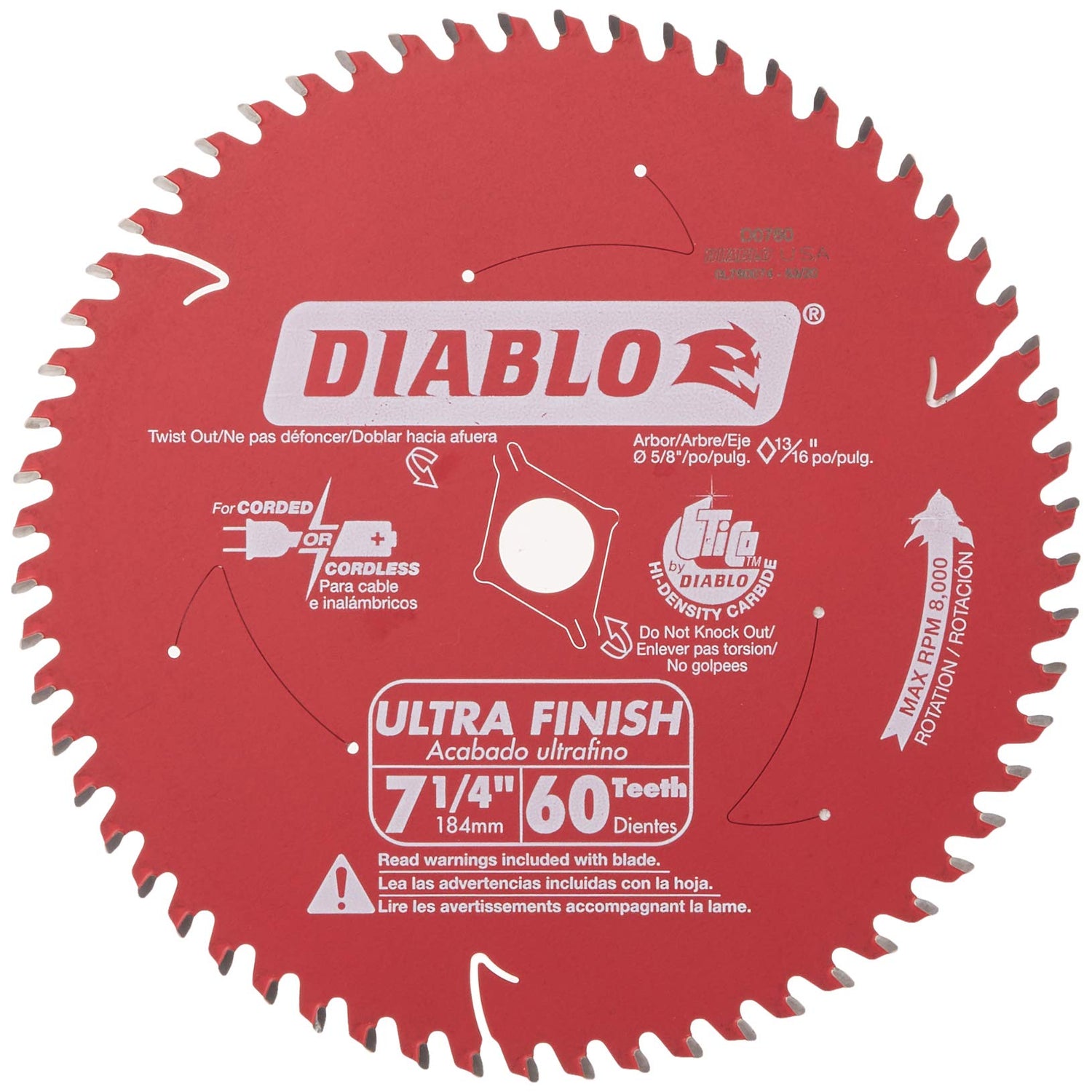Freud D0760A Diablo 7-1/4" x 60-Tooth Ultra Fine Finishing Circular Saw Blade with 5/8" Arbor and Diamond Knockout Single Blade Freud