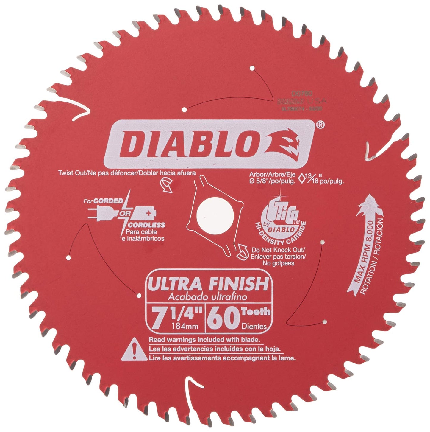 Freud D0760A Diablo 7-1/4" x 60-Tooth Ultra Fine Finishing Circular Saw Blade with 5/8" Arbor and Diamond Knockout Single Blade