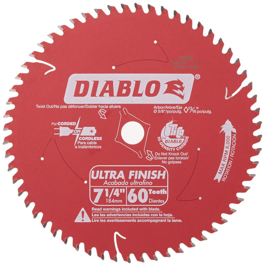 Freud D0760A Diablo 7-1/4" x 60-Tooth Ultra Fine Finishing Circular Saw Blade with 5/8" Arbor and Diamond Knockout Single Blade - WoodArtSupply