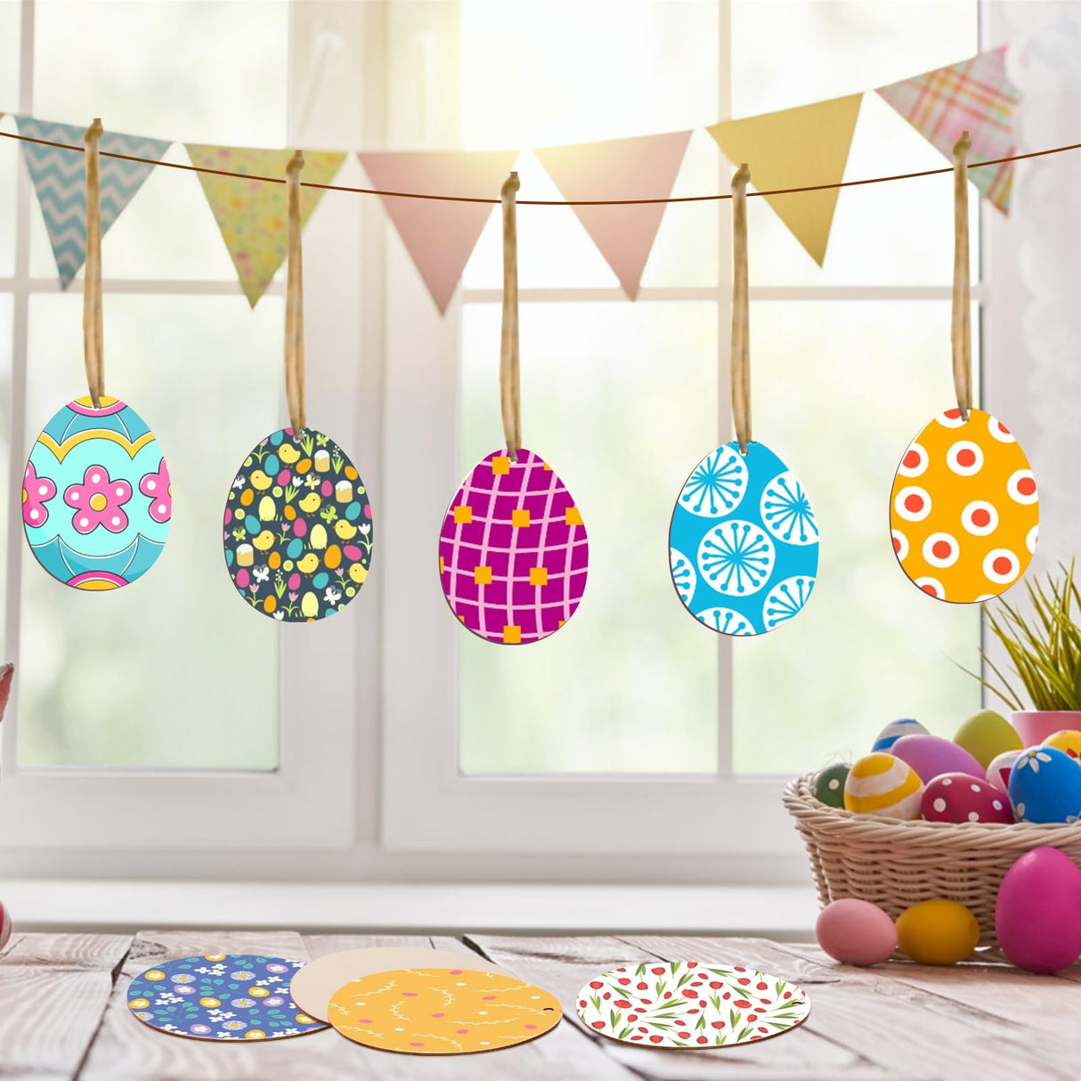 Tmflexe Eggs Shape 50Pcs Unfinished Wooden Easter Ornaments DIY Craft Present-Tmflexe 50-Pack Paintable Blank Natural Eggs Cutouts Hanging Wood Tmflexe