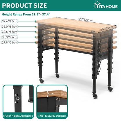 YITAHOME Workbench for Garage 48" L X 20" W Adjustable Workbench with Wheels, Heavy-Duty Worktable W/Pegboard & Power Outlets, 1600 LBS Load - WoodArtSupply