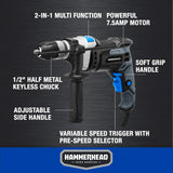 Hammerhead 7.5-Amp 1/2 Inch Variable Speed Hammer Drill with 6pcs Bit - HAHD075 Hammerhead