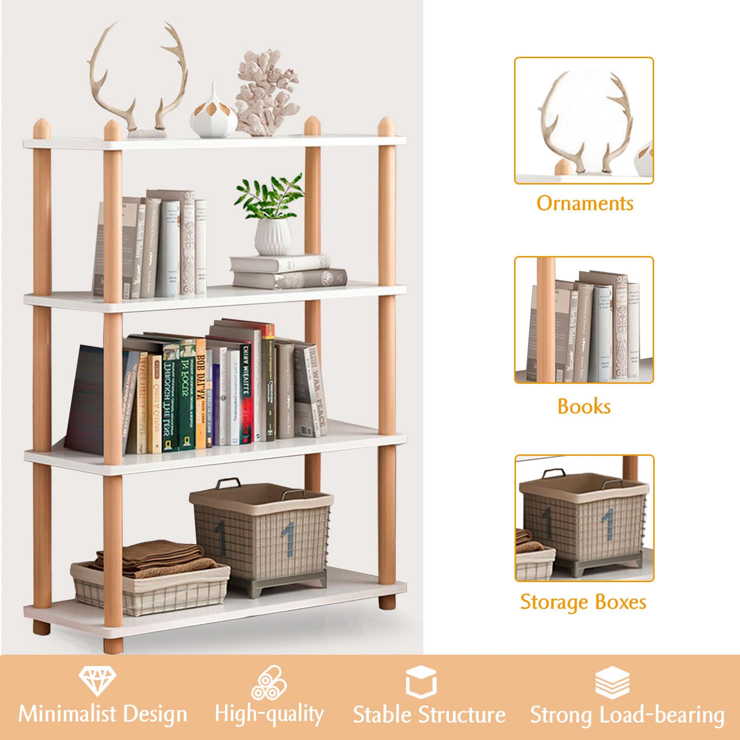 IOTXY Modern White 4-Tier Wooden Bookshelf – Stylish Open Storage Rack for Home and Office IOTXY