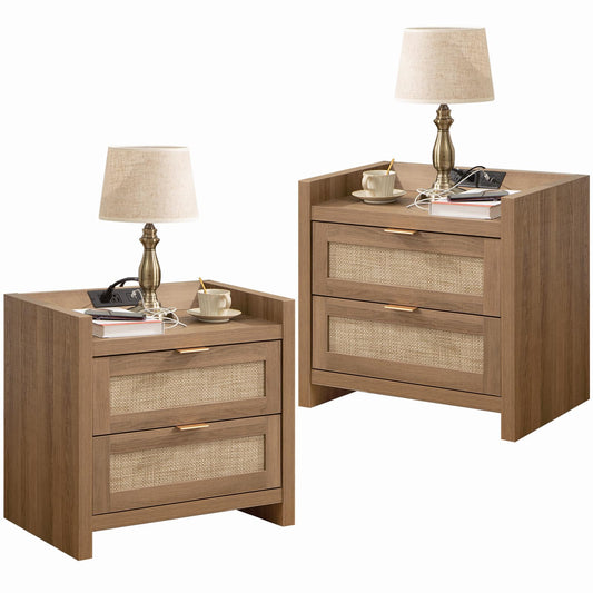 SICOTAS Night Stand Set of 2 - Rattan Nightstands with Type-C Charging Station & 2 Rattan Drawers - Boho Bed Side End Table for Small Space - Natural - WoodArtSupply