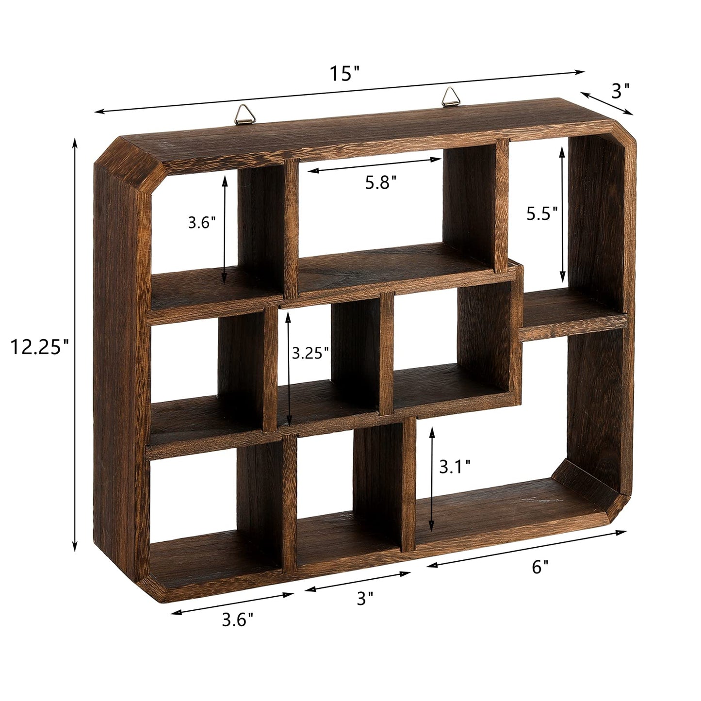 Frcctre Rustic Shadow Box Display Shelf, 9 Compartments Wood Hanging Display Shelf Floating Shelf, Multi-Slot Wall Mounted or Freestanding Farmhouse